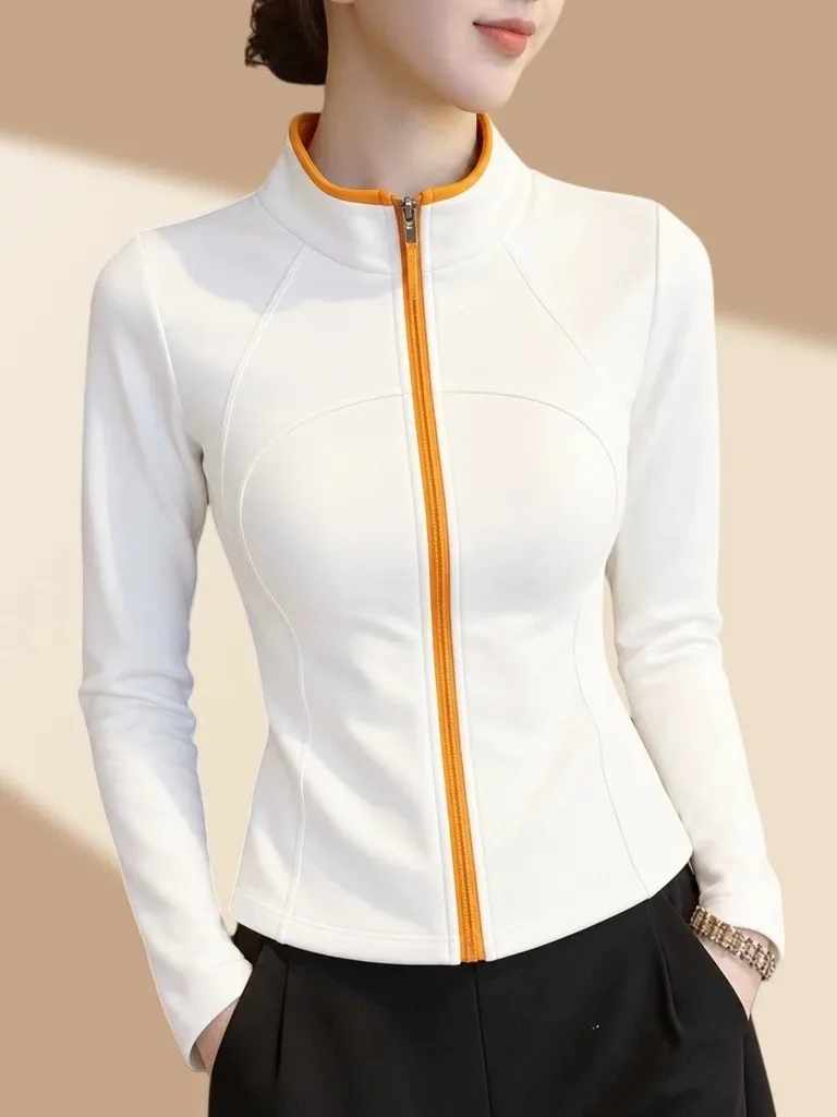 Slim Fit Zipper Long Sleeve Thin Sporty Casual Top for Women Spring Autumn Stand Collar Casual Wear Breathable Other Material