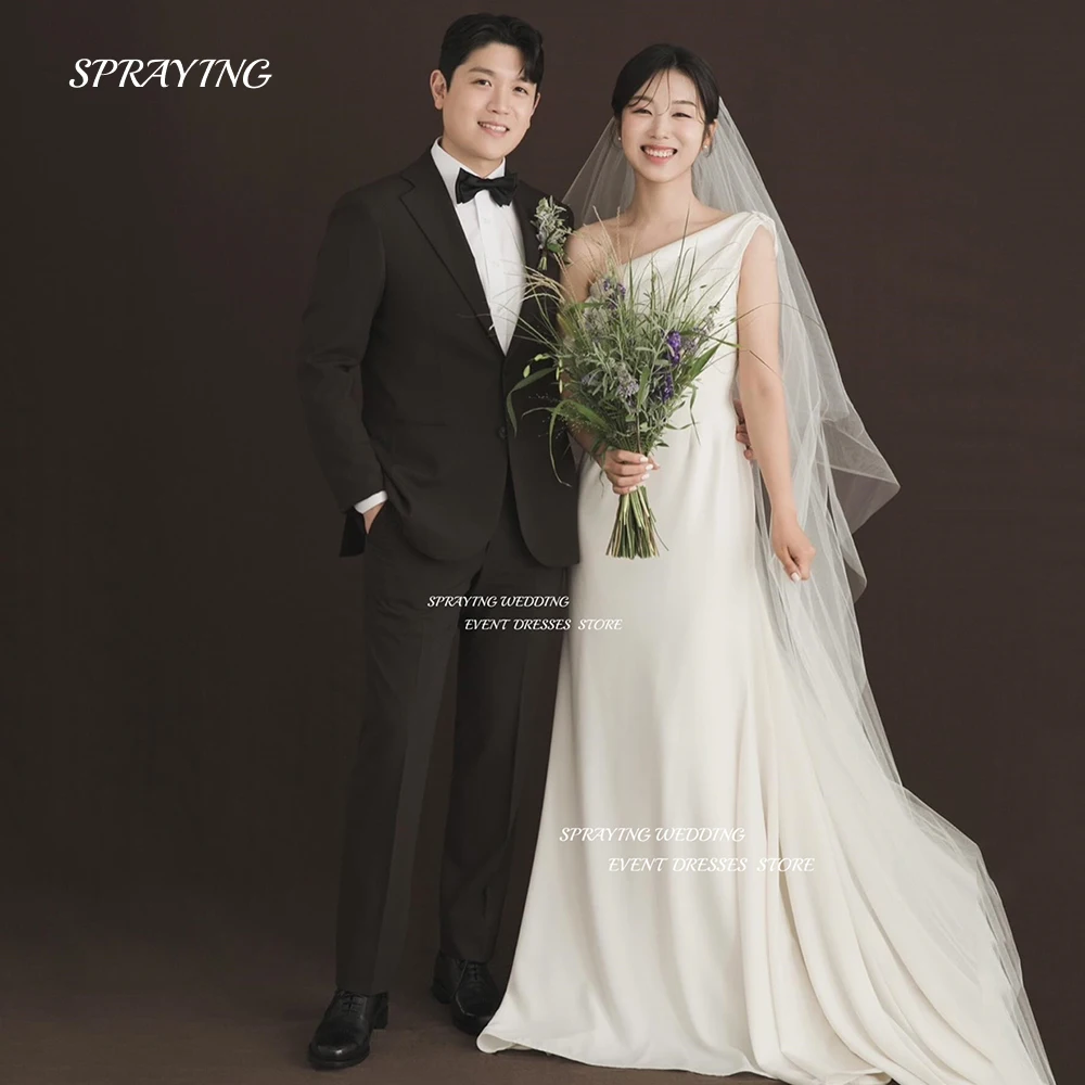 

SPRAYING Simple Korea One Shoulder Wedding Dress Soft Satin Sleeveless Bridal Gown Floor Length Bridal Dresses Custom Made