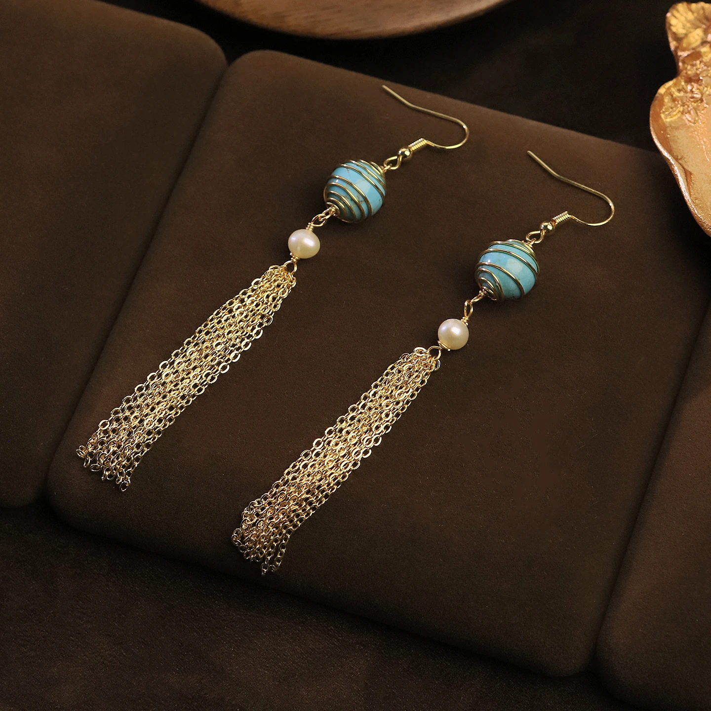 Genuine Freshwater Pearl Earring for Women Daily Office Party Bohemian Handmade Wire Wrapped Turquoise Earring Fashion Jewelry