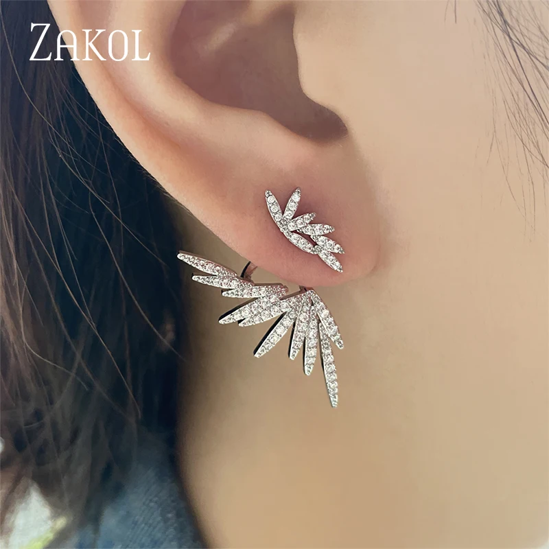 ZAKOL Elegant Feather Shape Gold Color High Quality Cubic Zirconia Jewelry Party Stud Earrings for Women