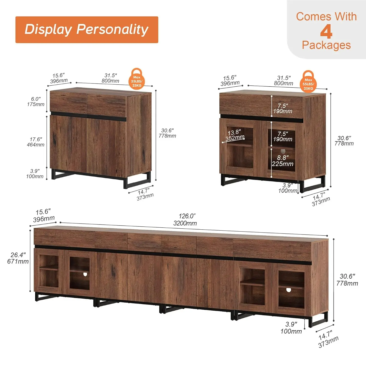 TV Stand for 120 inch TVs, Console with Glass Doors & 2 Drawers, Entertainment Center with Shelf for Living Room, Customized