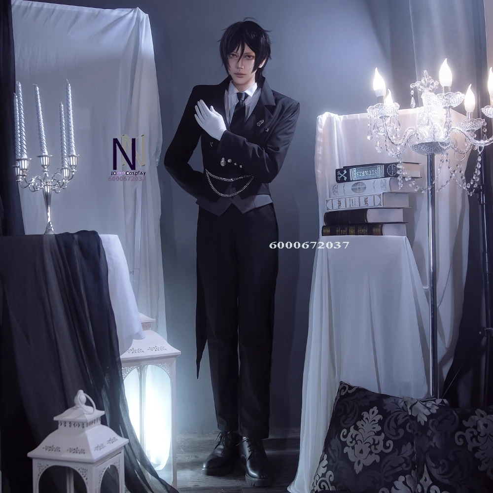 

Top Black Butler Cosplay Costume Anime Sebastian Michaelis Role Playing Black Uniform Outfit Men Comic Con Halloween Party Wig