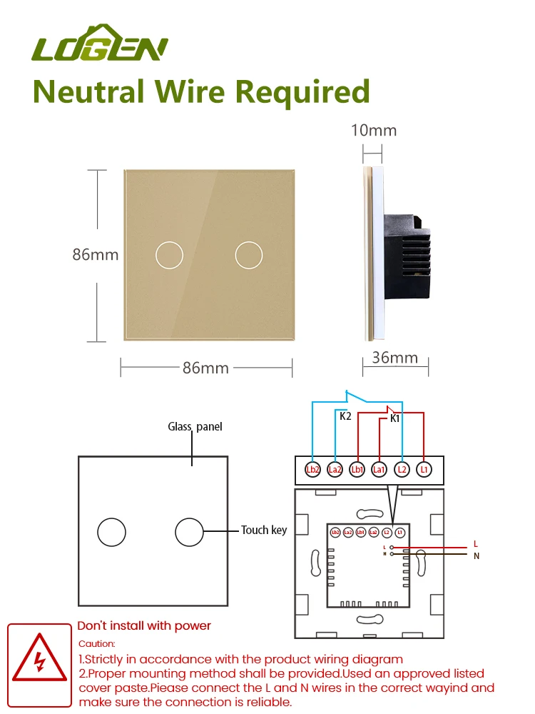 Logen EU Wifi 1/2Gang 2Way Smart Touch Switch Wall Light Switch With Neutral Wire Glass Tuya APP Compatible Smart Life Alexa