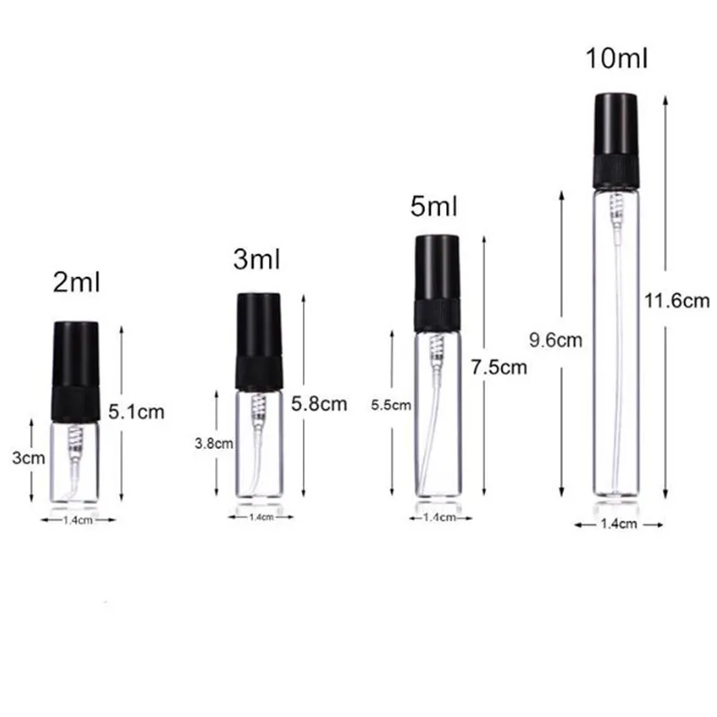 Wholesale 50PCS 2ML 3ML 5ML 10ML Black Portable Glass Perfume Bottle Empty Refillable Cosmetics Bottle Sample Thin Glass Vials