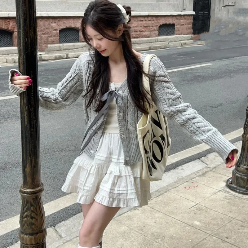 Bow Knit Sweater With Zip Ties Cardigan Skirt Autumn Winter Women Korea V-neck 2024 Short Sleeved Sweater A-line Short Skirt New