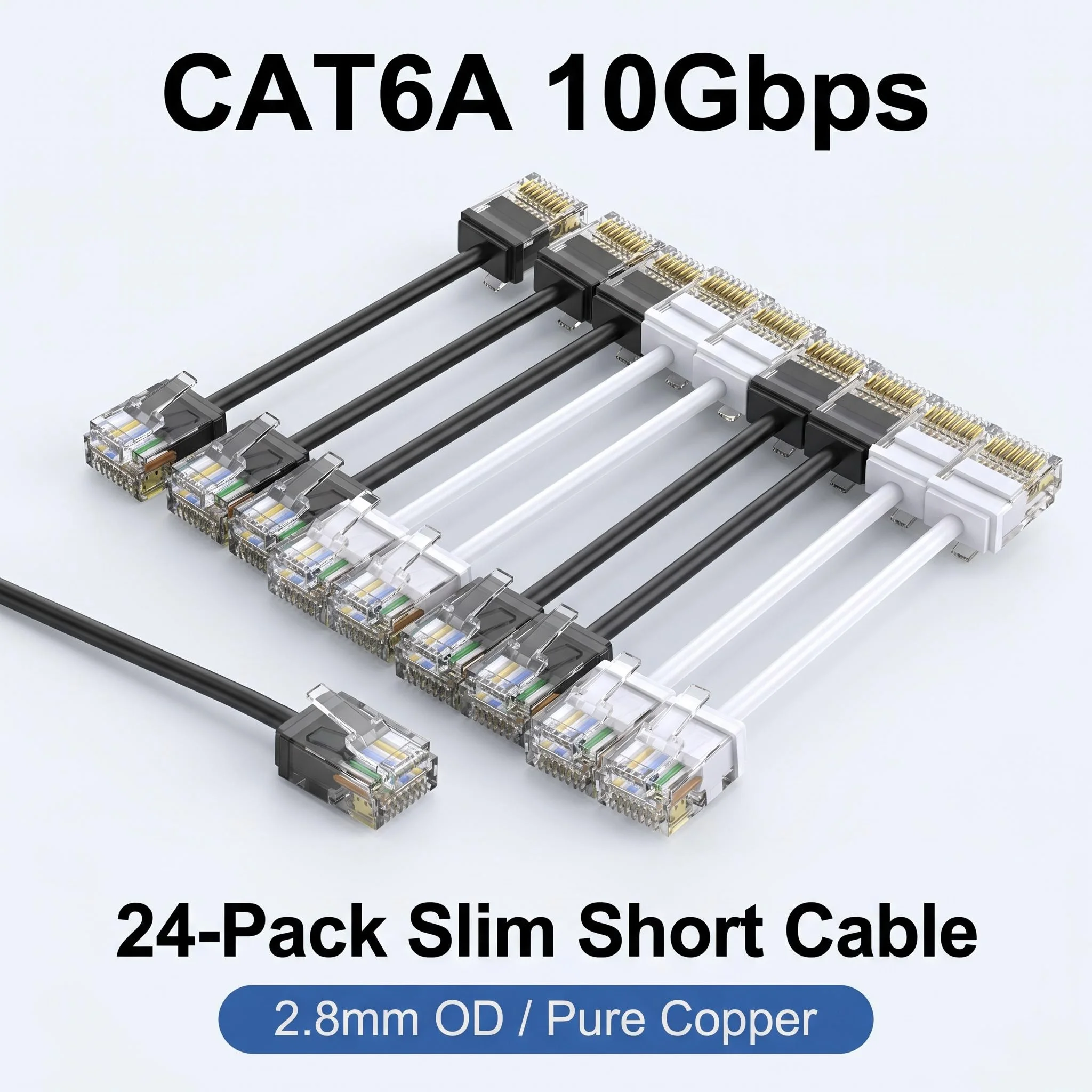 CAT6A 24 Pack Pure Copper RJ45 Slim Short Ethernet Cable, 2.8mm OD 10Gbps Network Patch Cord for Home Office Server Rack Wiring
