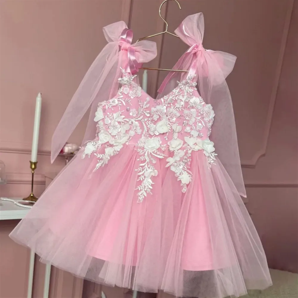

Customized Flower Girl Wedding Dress Appliques With Bow Sleeveless Kids Birthday Party Christmas Gown vestidos de comunión