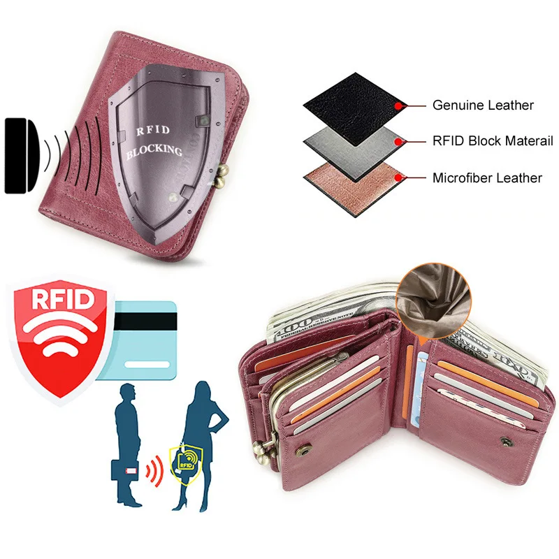 Anti-theft Brush Three Fold Strap Iron Hinge Genuine Leather Multifun Ctional Short Women Wallet Coin Purse Holder Women Wallets