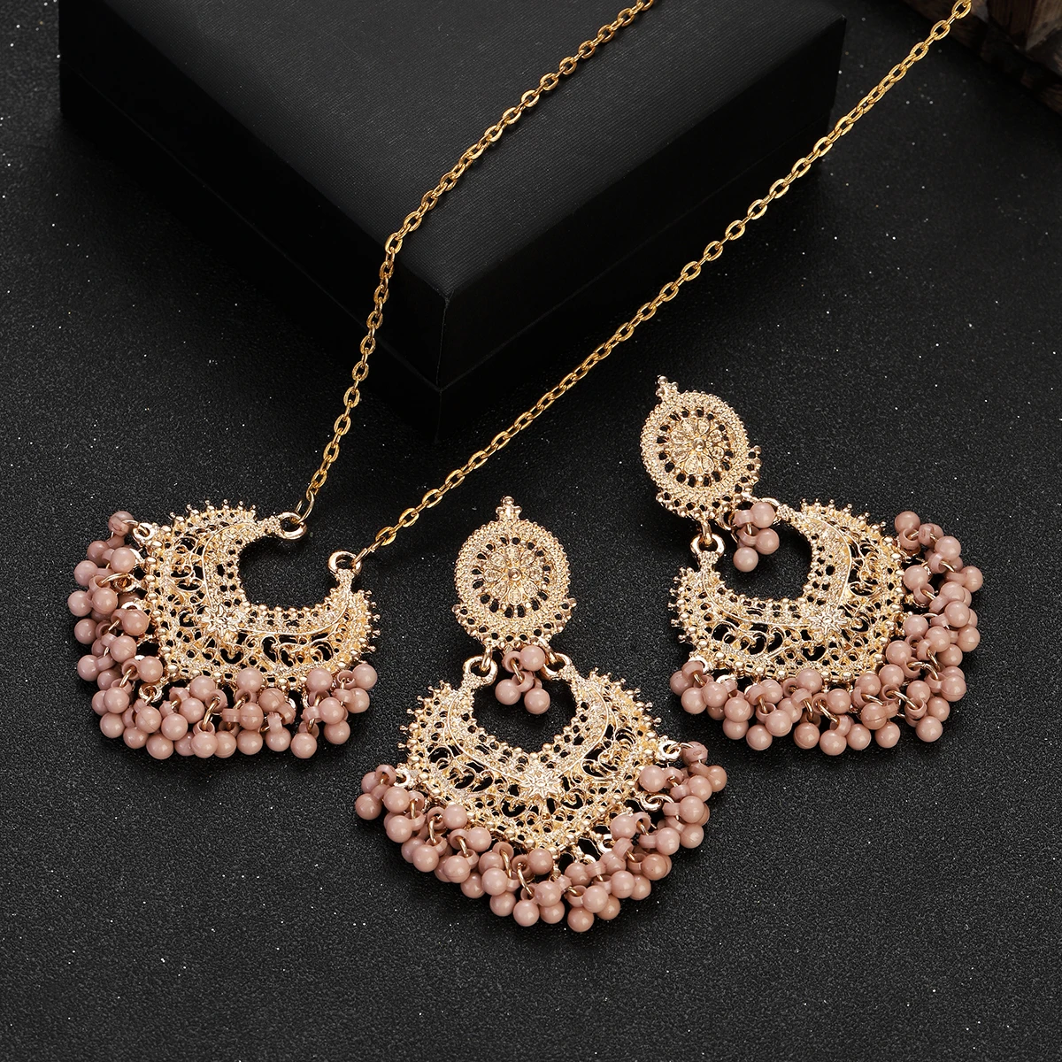 Indian Jewelry Set for Women Bijoux Retro Gold Plated Round Beads Tassel Earring Necklace Sets Ethnic Vintage Wedding Jewelry