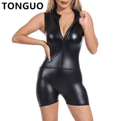 Women's Sexy One Piece Shaper Hot Metallic Front Zip Mock Neck Catsuit Bodysuit Faux Leather Short Jumpsuits Tank Tops Shapewear