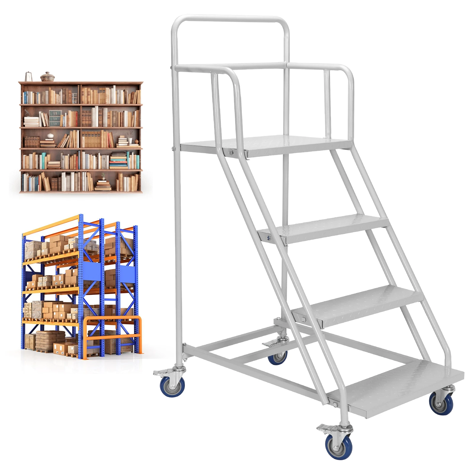 

4 Steps Industrial Rolling Step Ladder 445LBs Capacity Metal Rolling Mobile Ladder W/ Wheels for Supermarket Library