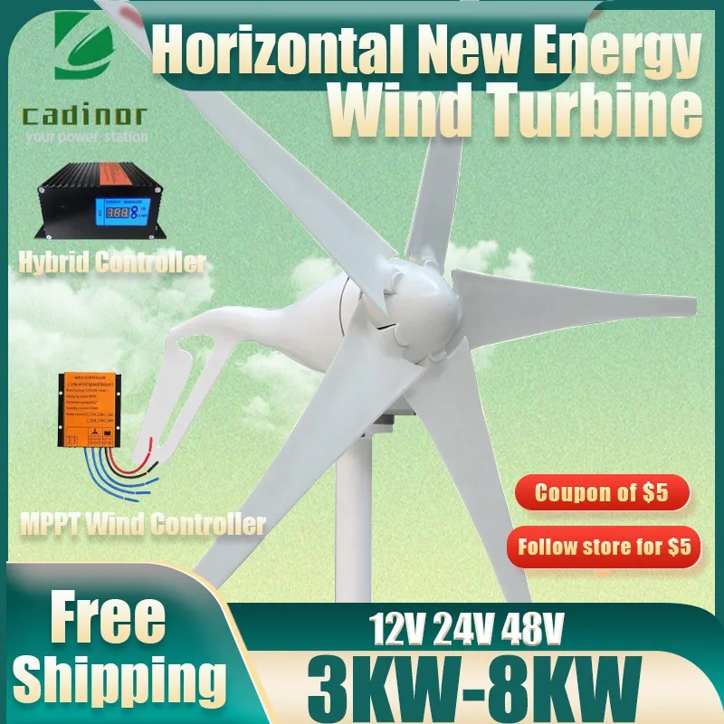 New Energy 5 Blades Horizontal Wind Turbine Latest Design 5000W Windmill 12v 24v 48V Generator Free MPPT Controller For Homeuse