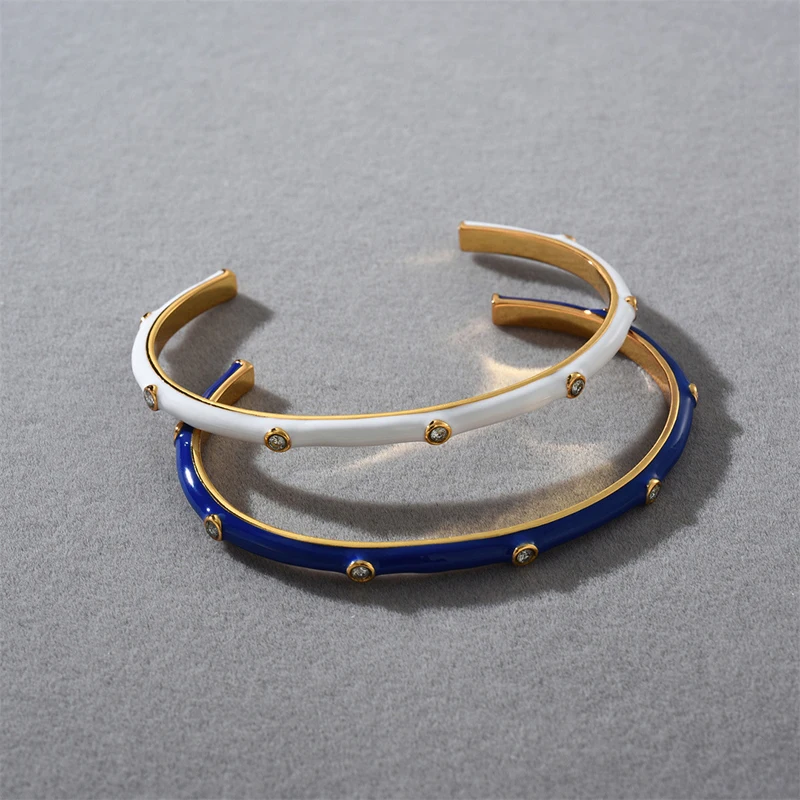 White blue enamel cz stone open cuff bangles for women vintage bangles minimalist simple elegant new in jewelry 2024