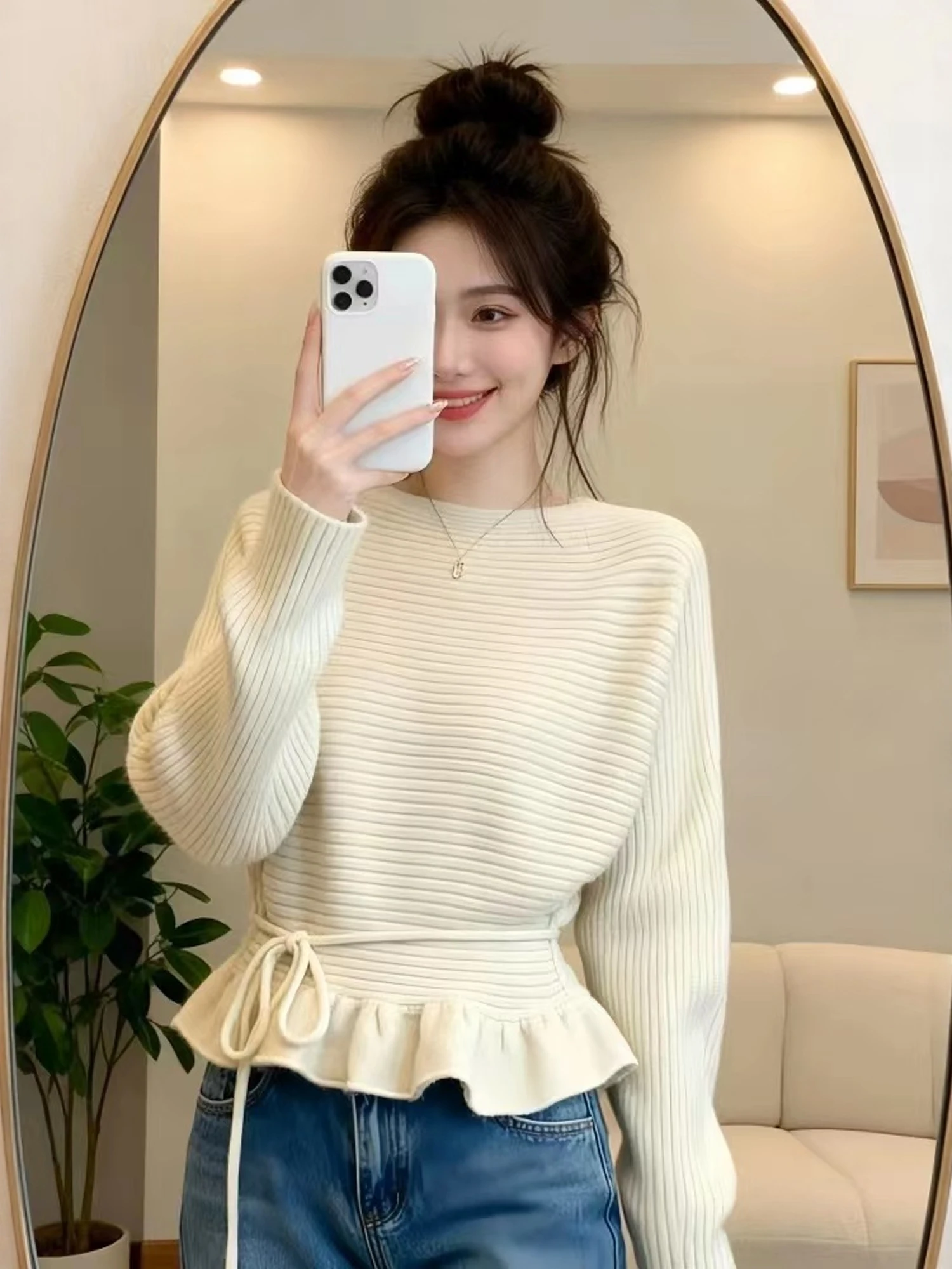 Korean Style Soft Knitted Top Women's Belted Waistline Floral  Fashionable Autumn Winter New Style Versatile Quality Swea...
