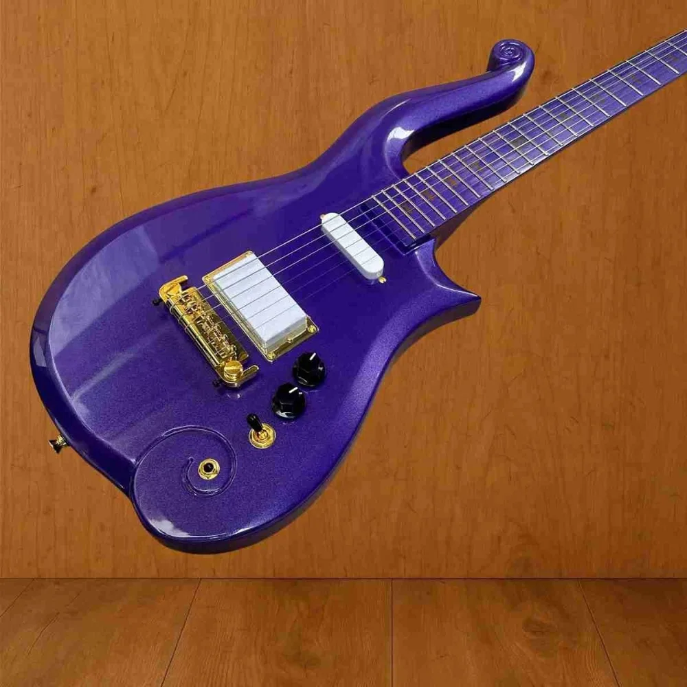 Metallic Purple Electric Guitar with Gold Bridge Cover and Gold Symbol Inlays, Professional Stage Performances.