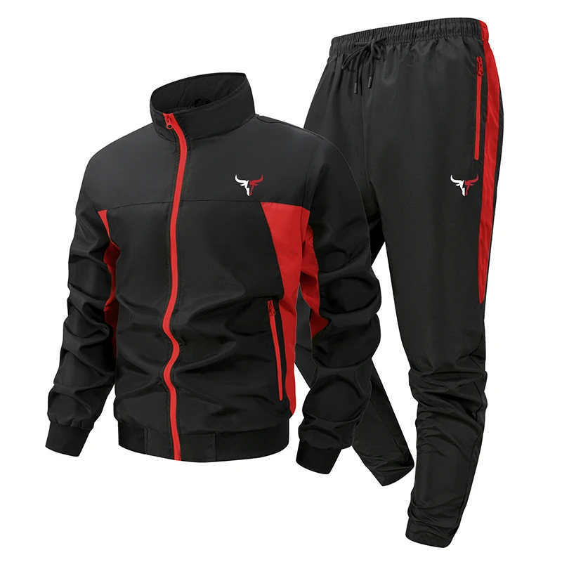 Bull Print Colorblock Sports Set for Men Outdoor Stand Collar Zip Up Jacket Coat Outwear Tops Pants Trousers with Zipper Pockets