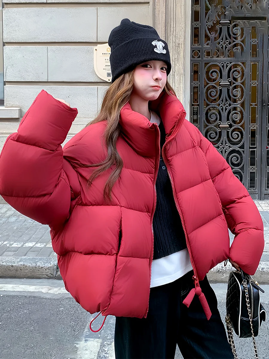 Rojo ort Puffer Jaet mujer 2025 invierno tamaño pequeño 90 blanco Du abajo ropa de abrigo cálida y esponjosa cuello levantado sensación de burbuja