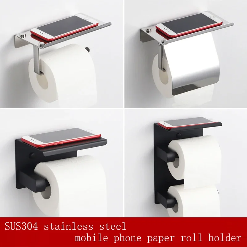 Bathroom Tissue Holder 304 Stainless Steel Mobile Phone Paper Roll Holder Non Punching Installation Toilet Paper Holder