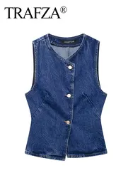 TRAFZA 2024 Summer Denim Vest For Women Fashion Sleeveless Slim Cropped Tank Tops Female Versatile Women's Waistcoat Top