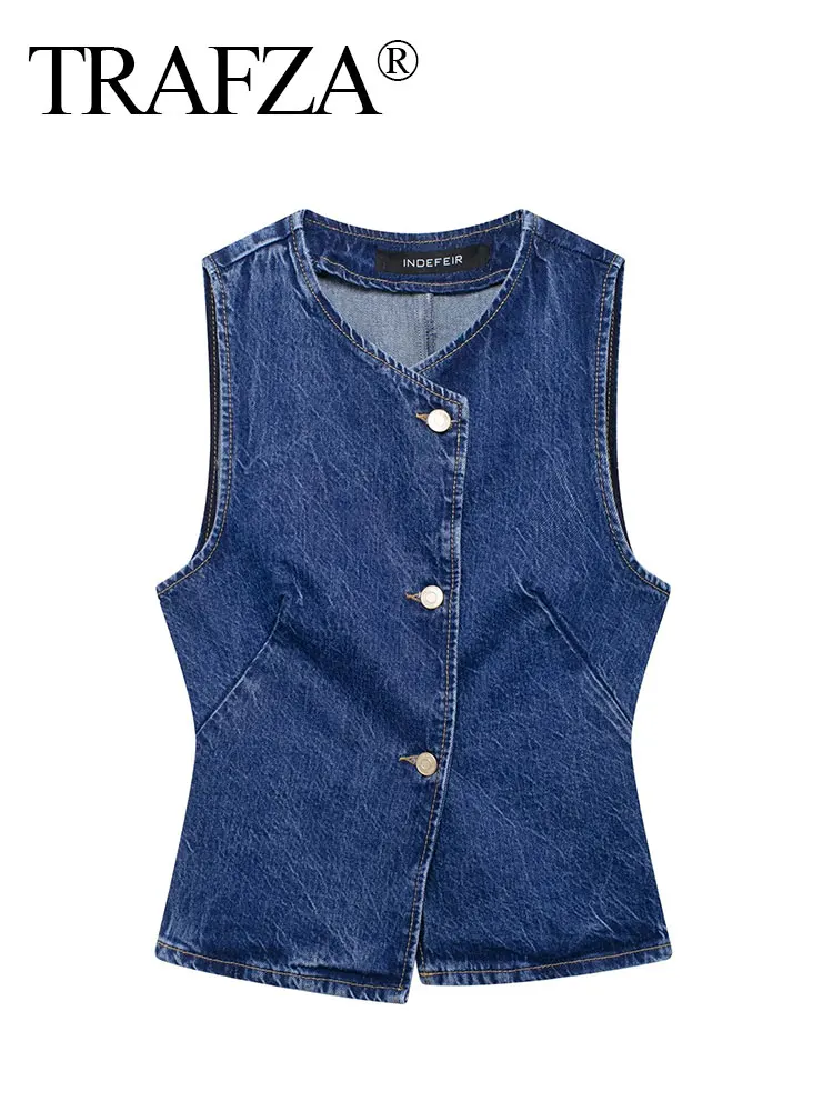 TRAFZA 2024 Summer Women Fashion Denim Vest New V Neck Tight Short Tank Tops Woman Commute Office Lady Female Waistcoat Top