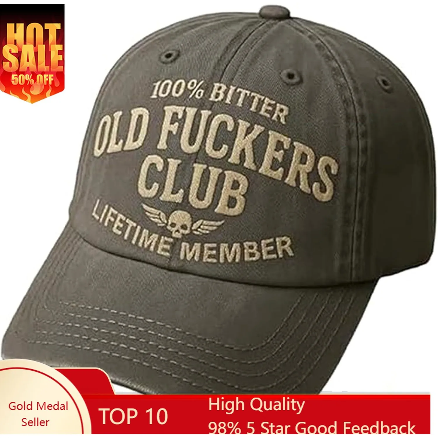 Old Fuckers Club-Baseball Cap, Old Fuckers Club Vintage Baseball Cap, Adjustable Distressed Black Funny Hat, 100% Bitter