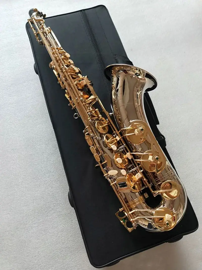 New Tenor Saxophone  T  W037 Musical Instruments Bb Tone Nickel Silver Plated Tube Gold Key Sax With Case