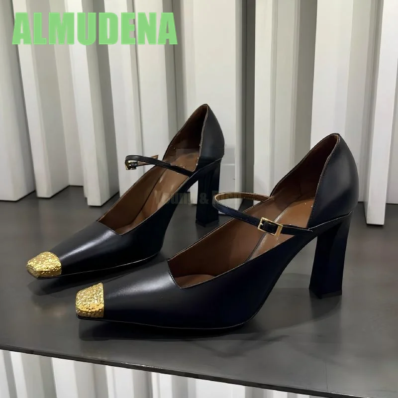 

Metal Square Toe Thick Heel Mary Jane High-Heeled Shoes Black Single Buckle Strap Design Elegant Temperament Women's Pumps