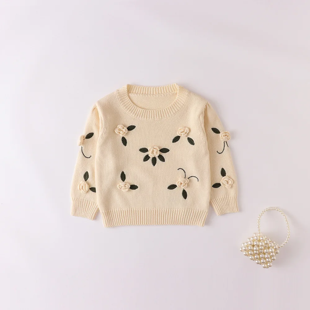 

2025 Spring Autumn New 0-3 Year Old Baby Girl Baby Handmade Flower Embroidery Pullover Knitted Sweater Top