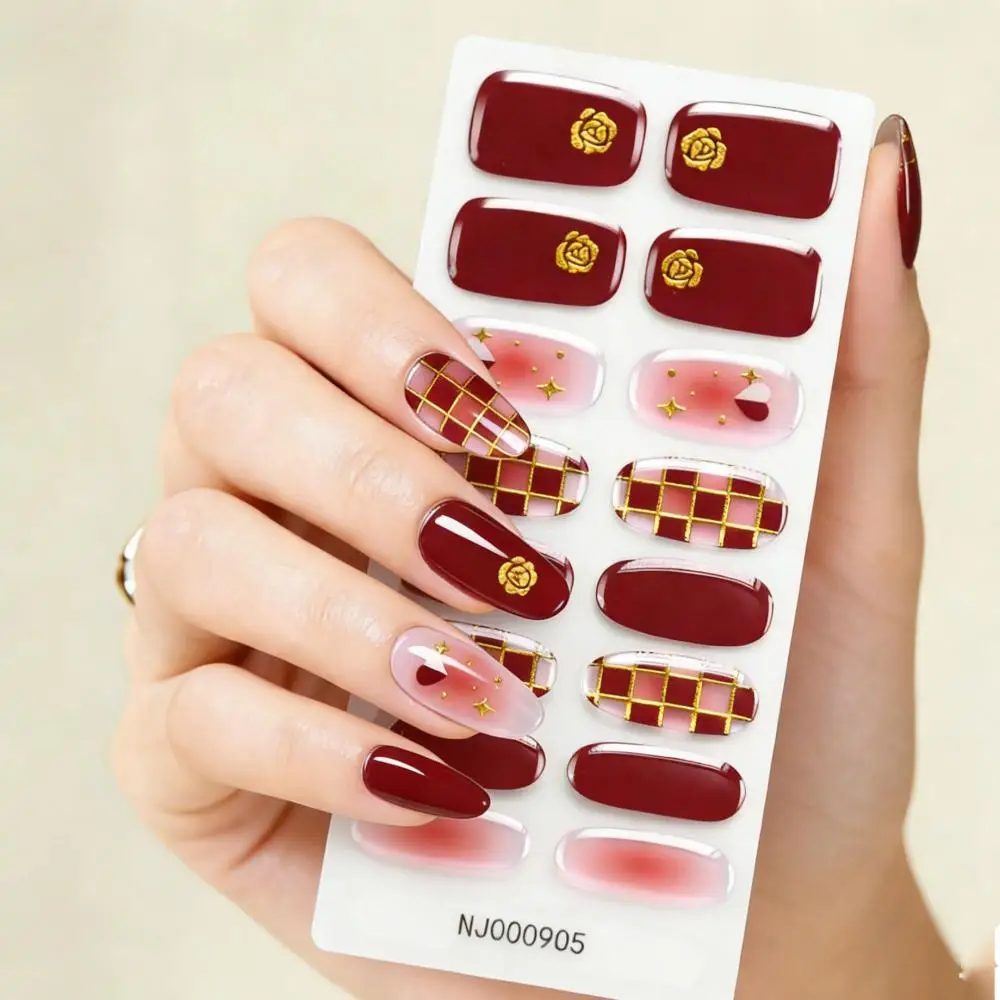 

16 наклеек/лист, красные мягкие гелевые наклейки для ногтей, бордовые, золотые, розовые, в клетку, с сердечками, звездами, водостойкие, полностью покрывающие гелевые наклейки для ногтей