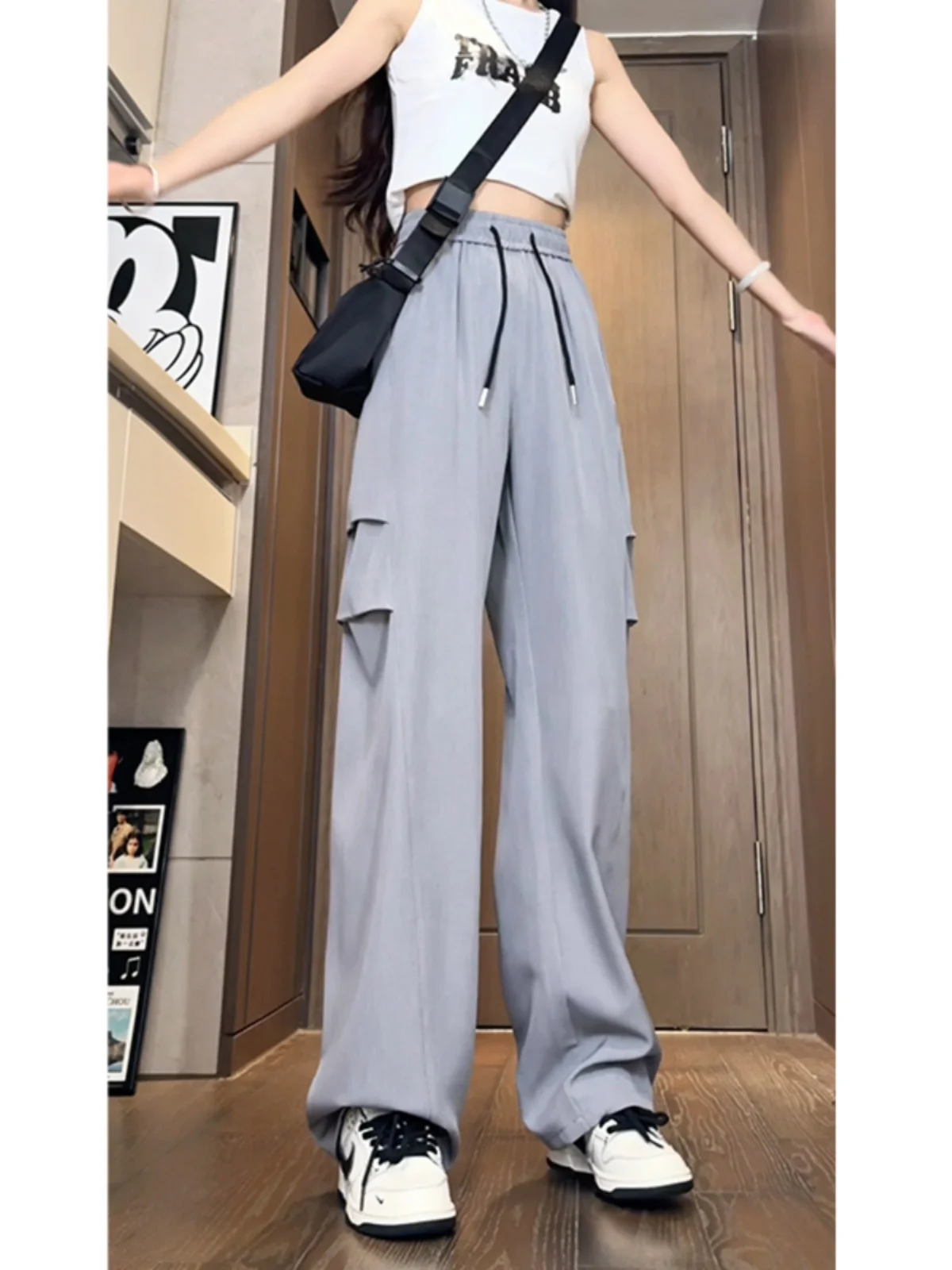 

Мужские летние спортивные повседневные брюки из ледяного шелка, прямого кроя, с эффектом драпировки и дизайном с эффектом мятости, для активного образа жизни молодежи