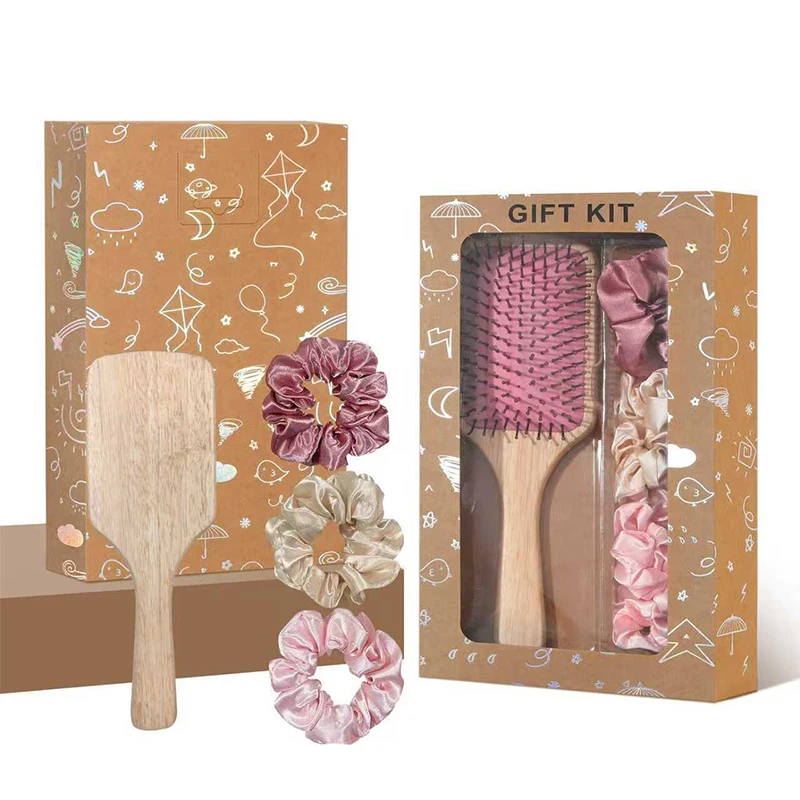 

Женская деревянная расческа с воздушной подушкой и 3 атласными резинками для волос в подарочном наборе: массажная, антистатическая, не спутывает волосы