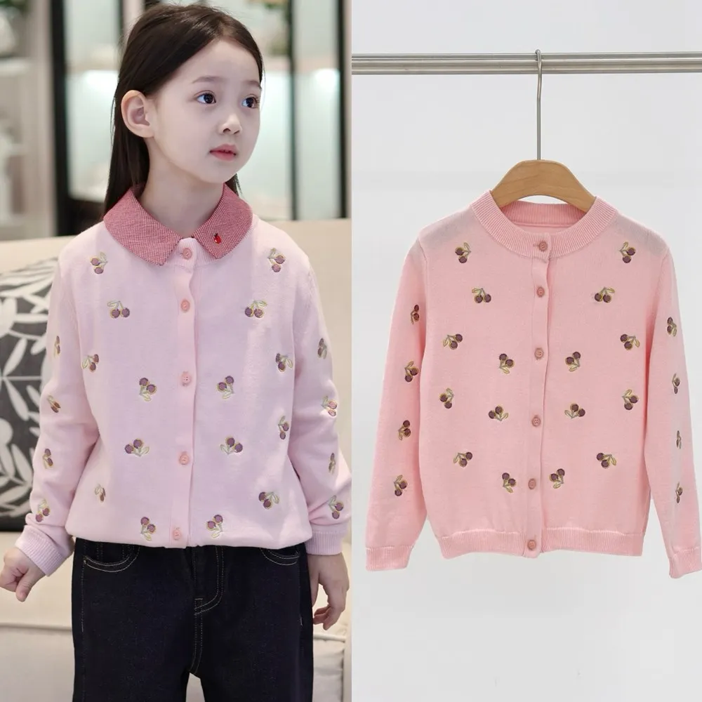 

Осенняя одежда для маленьких девочек, детские свитера с вышивкой вишневого цвета, розовый вязаный кардиган, свитер для девочек, пальто