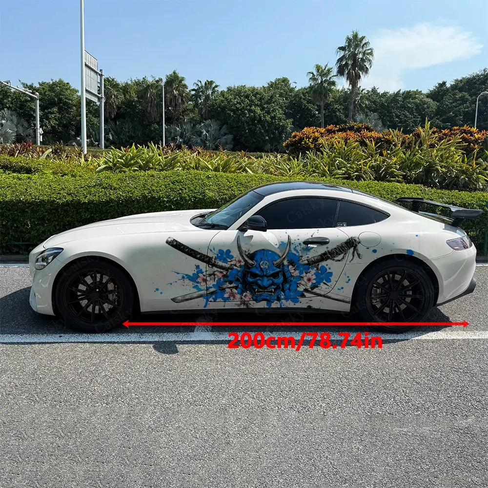 2pcs Blue Splatter Oni Mask Samurai Car Side Wrap, Self-Adhesive PVC Waterproof & Scratch-Resistant Stickers, Car Accessory Gift