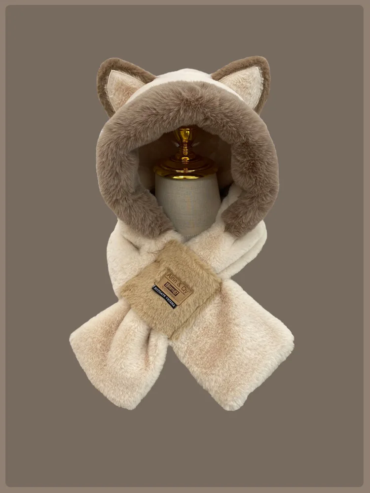 Hat Scarf One Woman Winter All Cute Fluffy Hat Warm Winter Thickened Anti-Freeze Windproof Hooded Bib