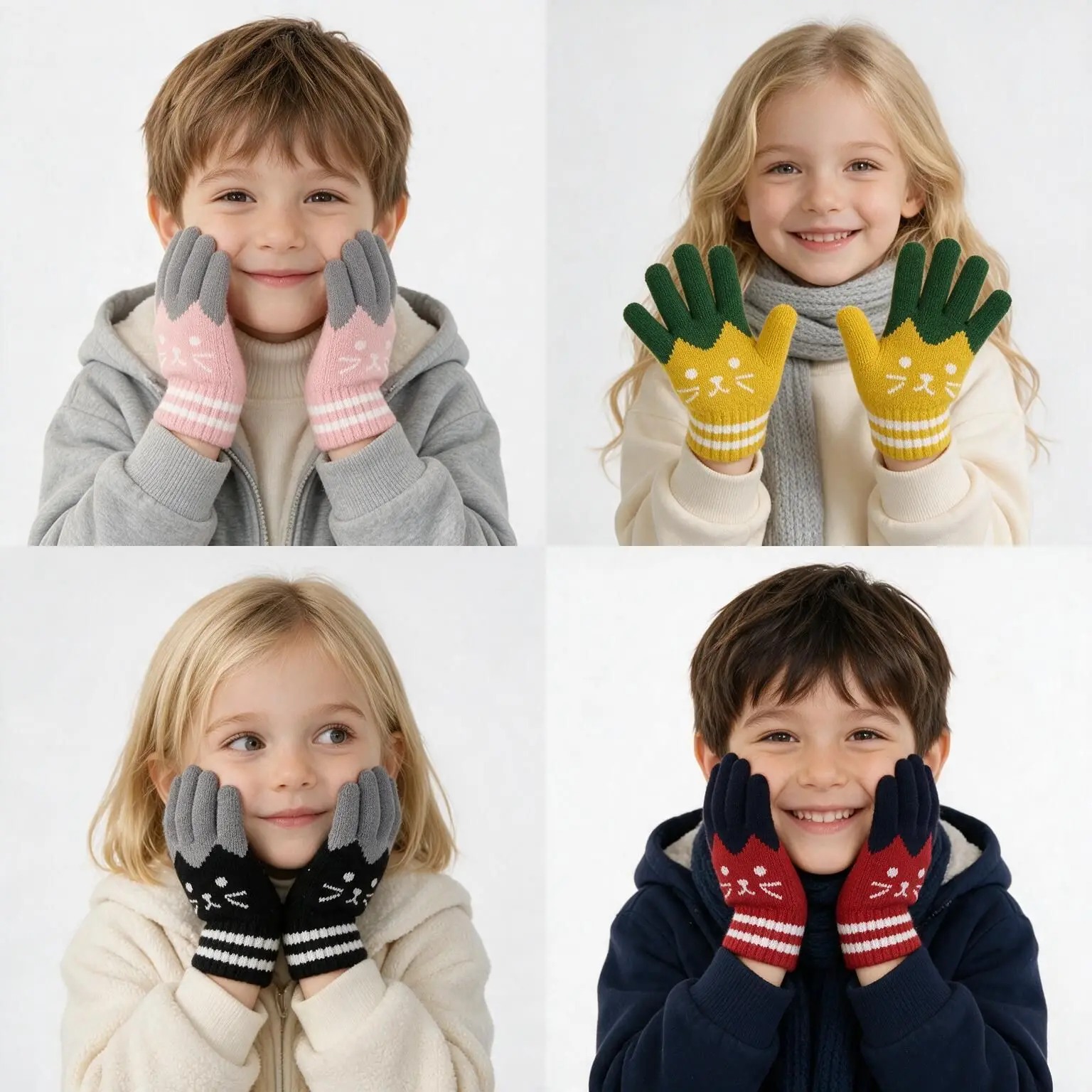 Kids Cat Knitted Gloves Cute Cartoon Boys Girls Travel Play Soft Elastic School Children Autumn Winter Warm Daily Wear Gloves