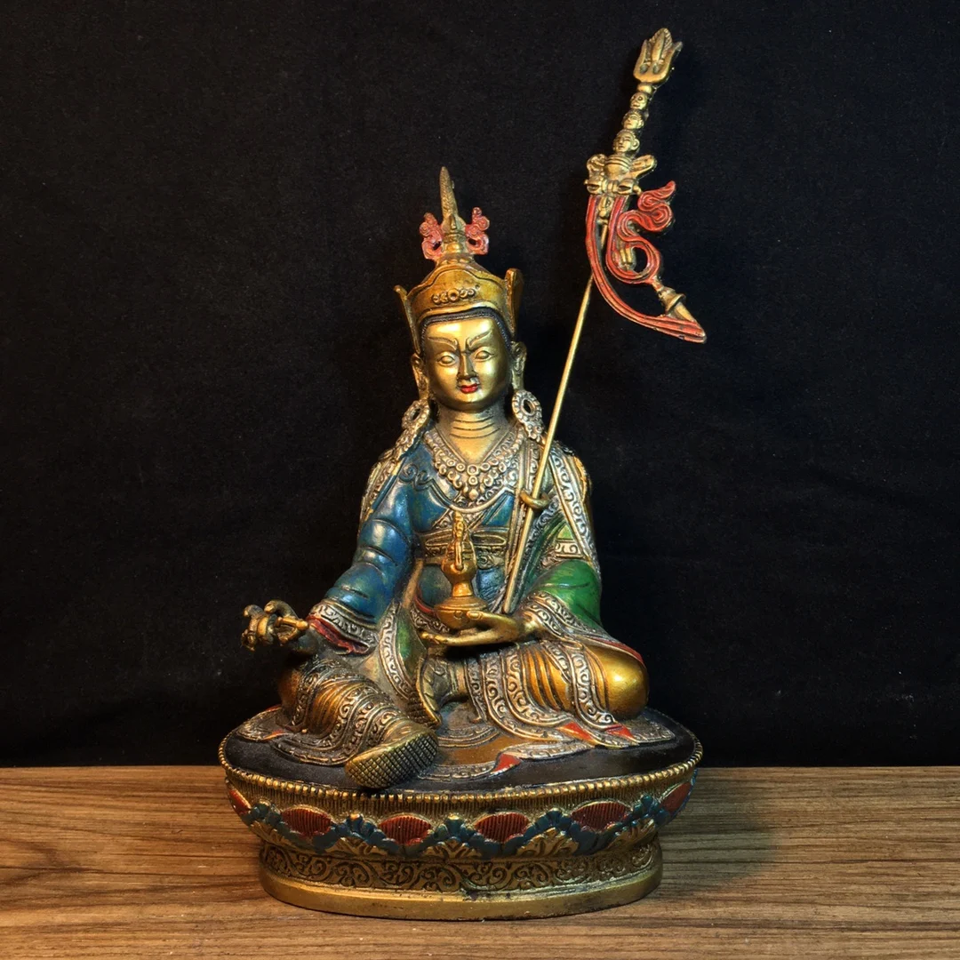 Pure copper painted Padmasambhava Guru Rinpoche master Tibetan Buddha statue 14 cm long, 9.5 cm wide 23.5 cm Hight