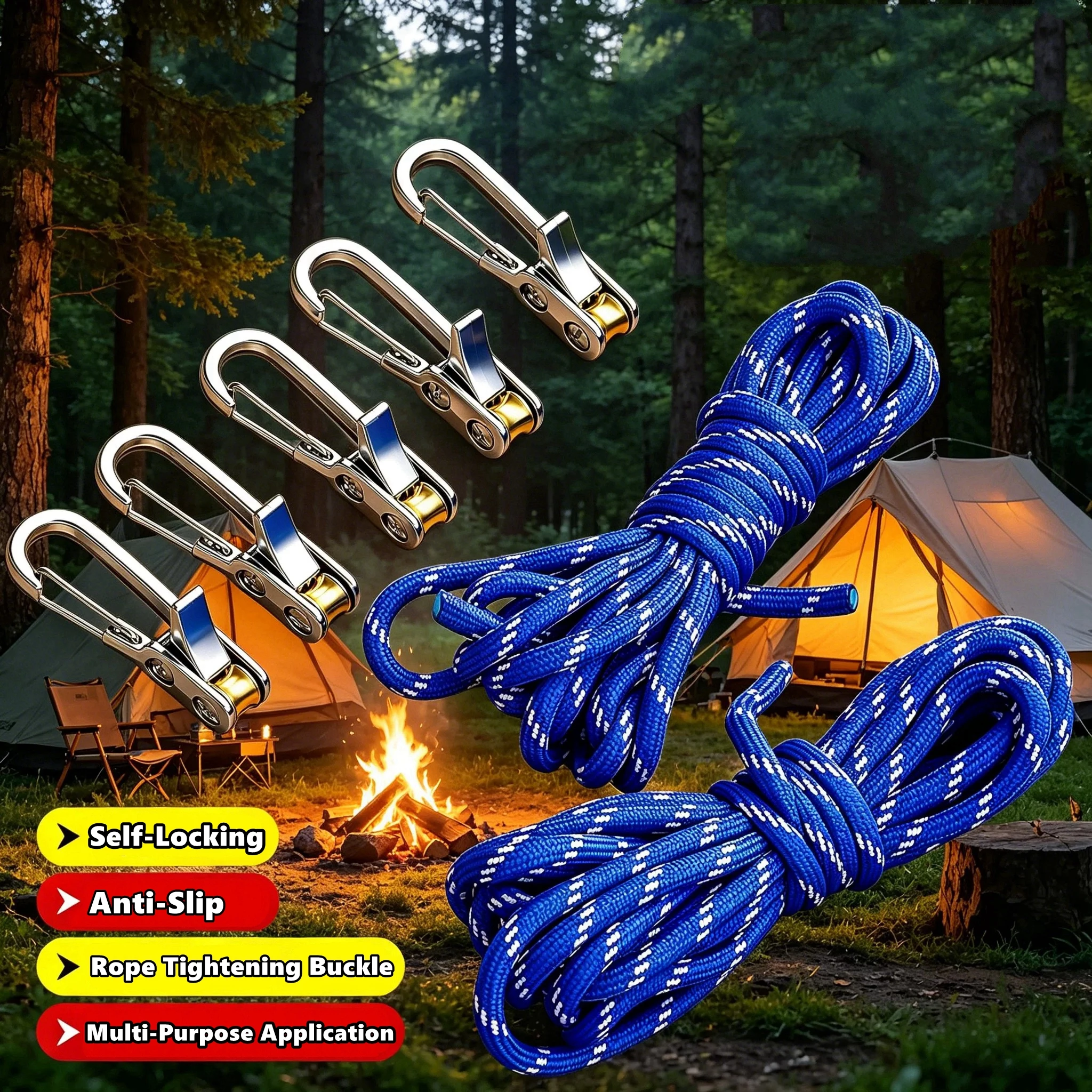 Rope Tensioner with Reflective Cord Rope Tying Tool Tensioner with Roller,Retractable Rope Tightening Buckle For Outdoor Camping
