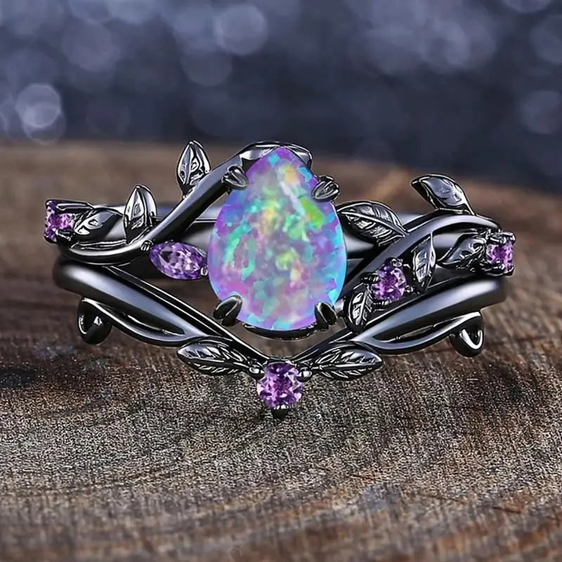 Huitan Spezieller schwarzer 2-teiliger Ring für Damen, Weinblatt-Design, frischer lila Opal, Accessoires, Party, Hochzeit, Schmuck mit eingelegtem CZ