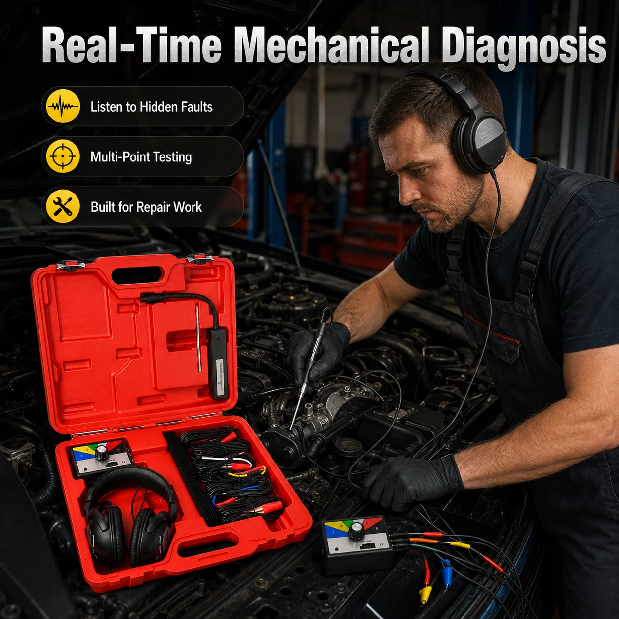 Automotive Electronic Stethoscope Noise Diagnostic Kit 6 Channel Engine Sound Detector Mechanical Fault Finding Tool