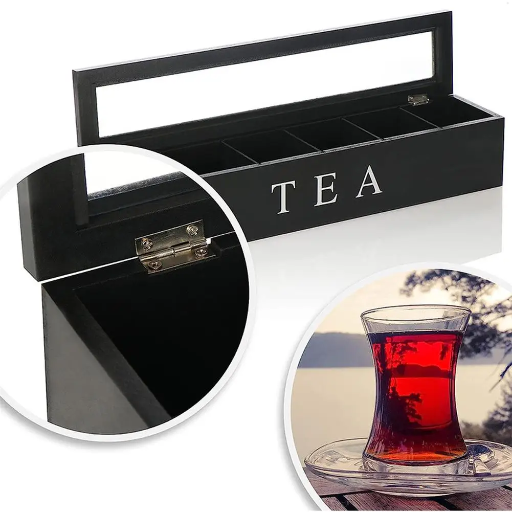 Wooden Tea Storage Box Tea Bags Storage Organizer With 6 Compartment Coffee Bag Holder Storage Chest Box With Transparent Cover