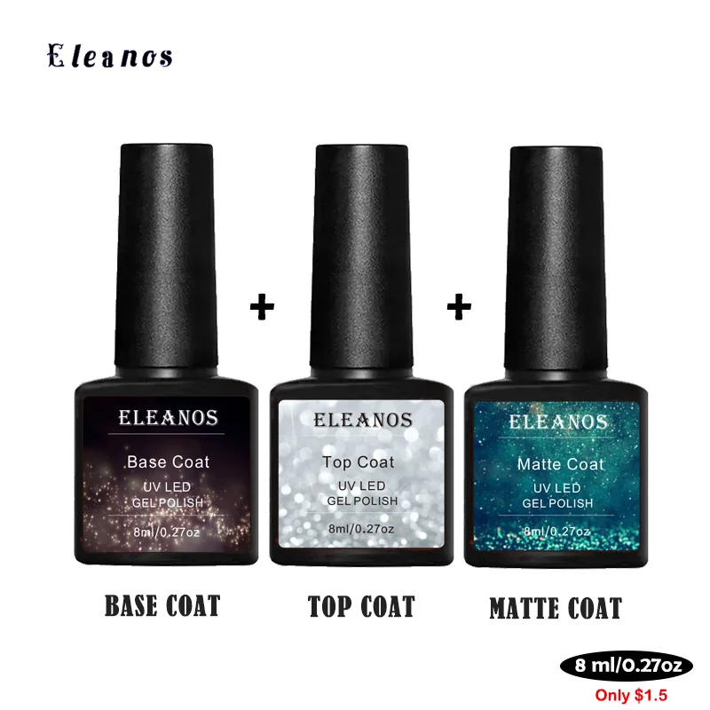 Eleanos 15ml No Wipe Base Top Coat Color Gel Nail Polish Matte UV Top Coat UV LED Soak Off Nail Art Gel Varnish for Manicures