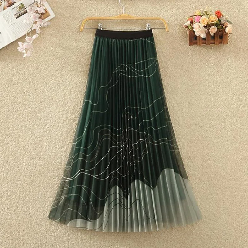 Sumemr New Fashion Elastic Waist A-line Skirt Women High Street Loose Elegant Pleated Printing Lace Patchwork Female Clothing