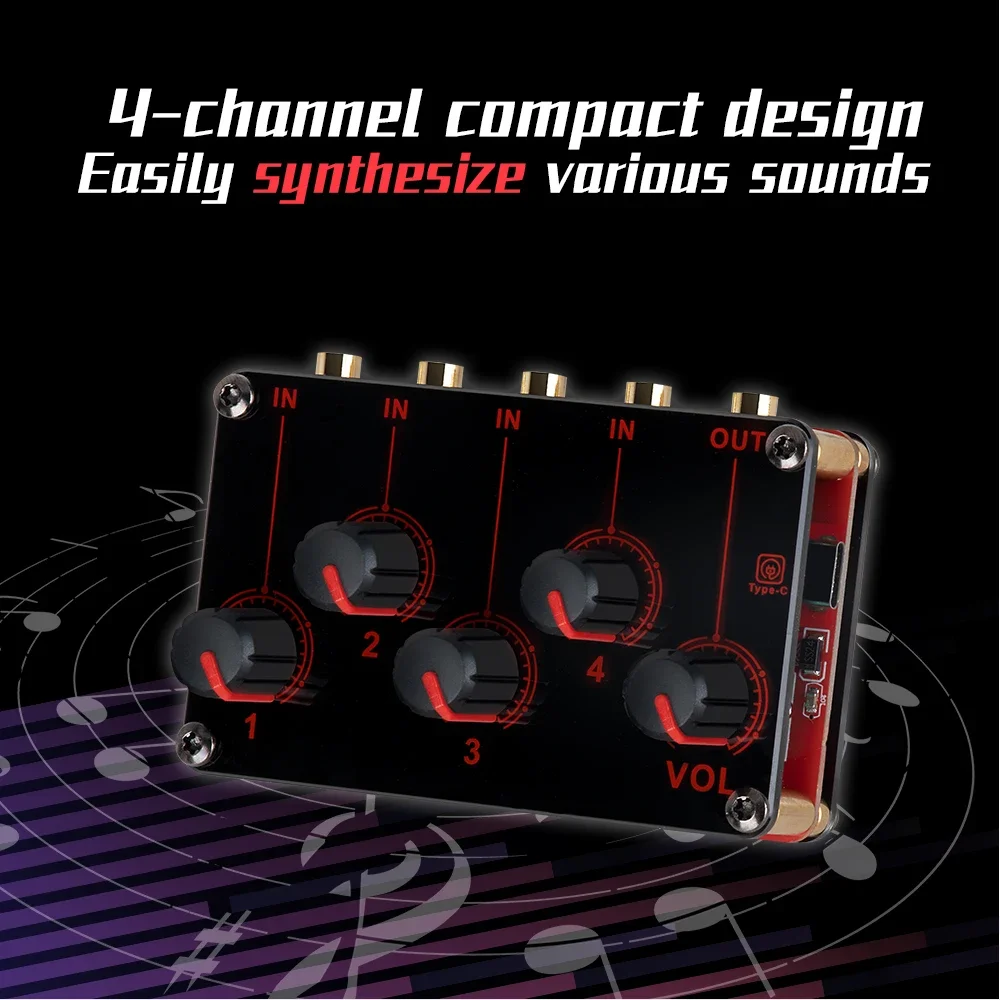 

4 Channel Line Mixer Portable Analog Sound Mixing Console Highest Sound Quality Stereo Mixer USB DC5V Power mini mixer