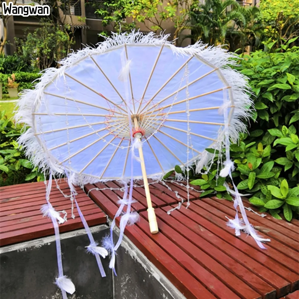 Chinese Craft Paper Umbrella for Women White Parasol UV Tassel Feather Ribbon Dance Performance Props Japanese Anime Red Parasol