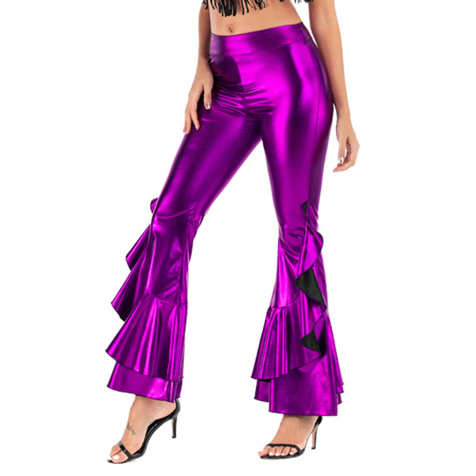 Womens Metallic Ruffle Flared Pants Fashion High Waist Bell-Bottomed Trousers for Dance Party Music Festival Club Raves