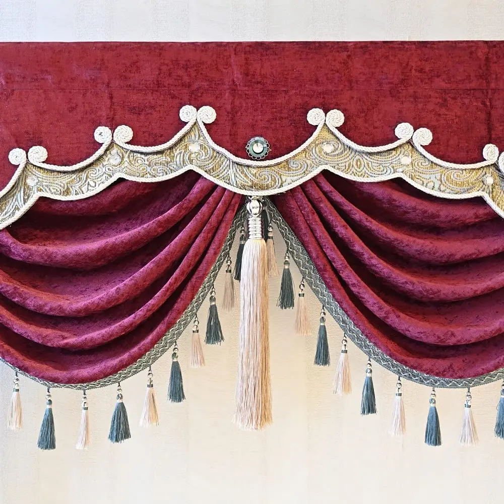 Luxury Burgundy Waterfall Valance Curtain, Floral Embroidered Swag Valance