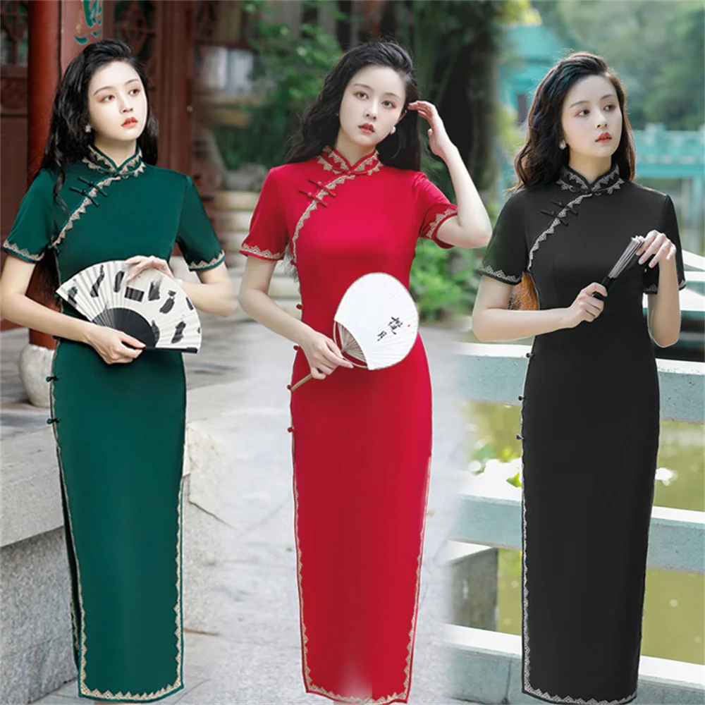 

Elegant Solid Color Satin Women Qipao Chinese Traditional Mandarin Collar Cheongsam Classic Vintage Handmade Button Slim Dress