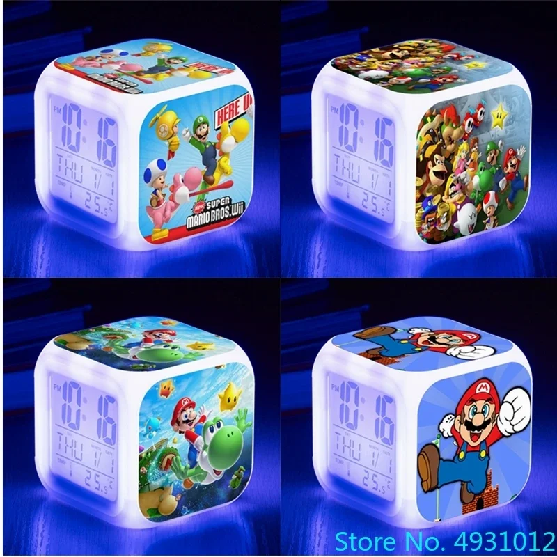 8x8x8cm Kawaii Super Mario LED colorido reloj despertador de moda estudiantes niños dormitorio decoración regalo de cumpleaños