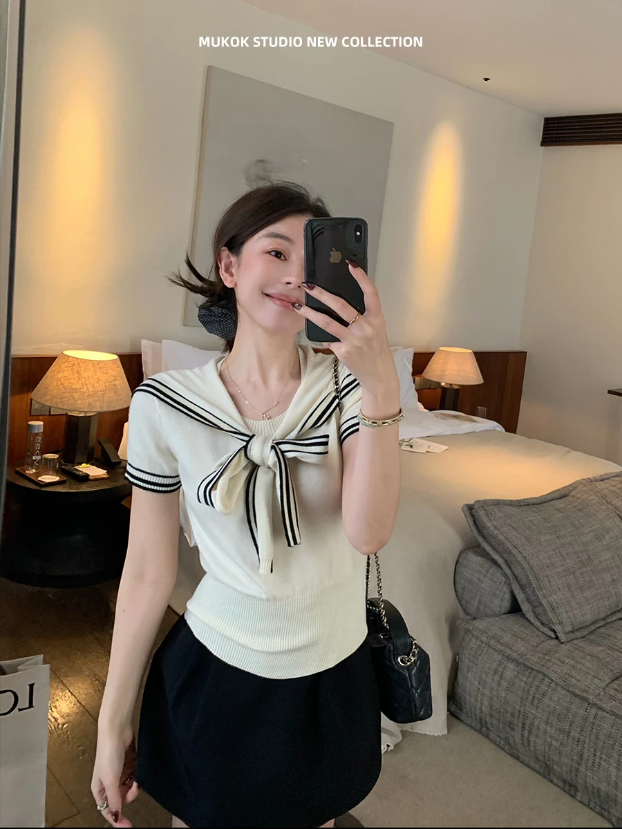 

MUKOK Summer Navy Collar Knitted T-Shirt And Half Skirt Fashion Set Women's Short Sleeve Two-Piece Suit High Waist Straight Cut