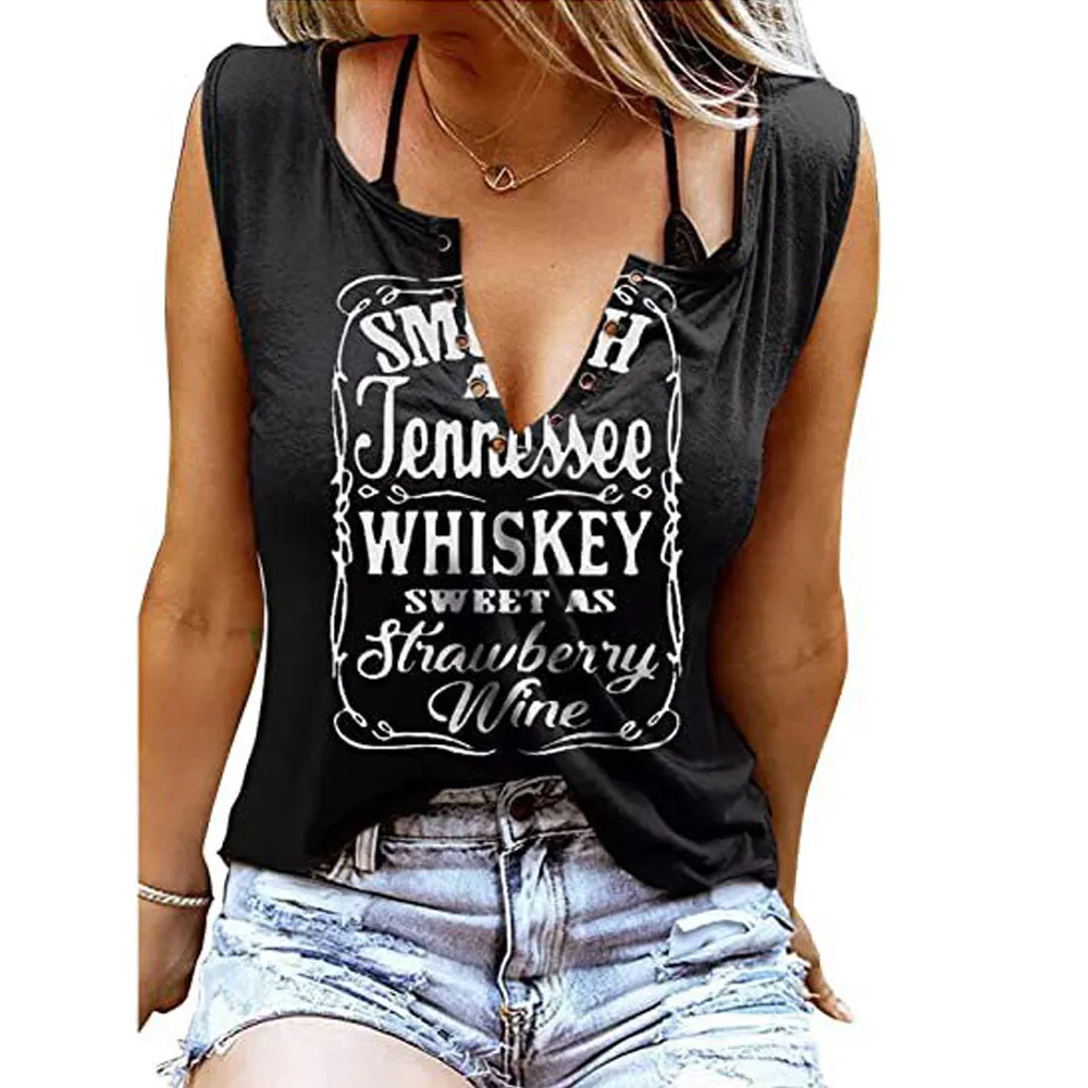 

Smooth As Tennessee Whiskey Sweet As Strawberry Wine Tank Tops for Women Sexy V-Neck Tshirt Country Music Short Sleeve Tanks